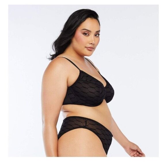 Savage X Fenty Womens 34B Curvy Flocked Logo Unlined Bra DG4 Black Caviar NWT - Picture 5 of 8